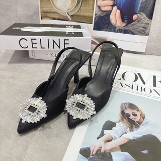 Sandal cao gót lụa khoá đính đá sáng cao cấp