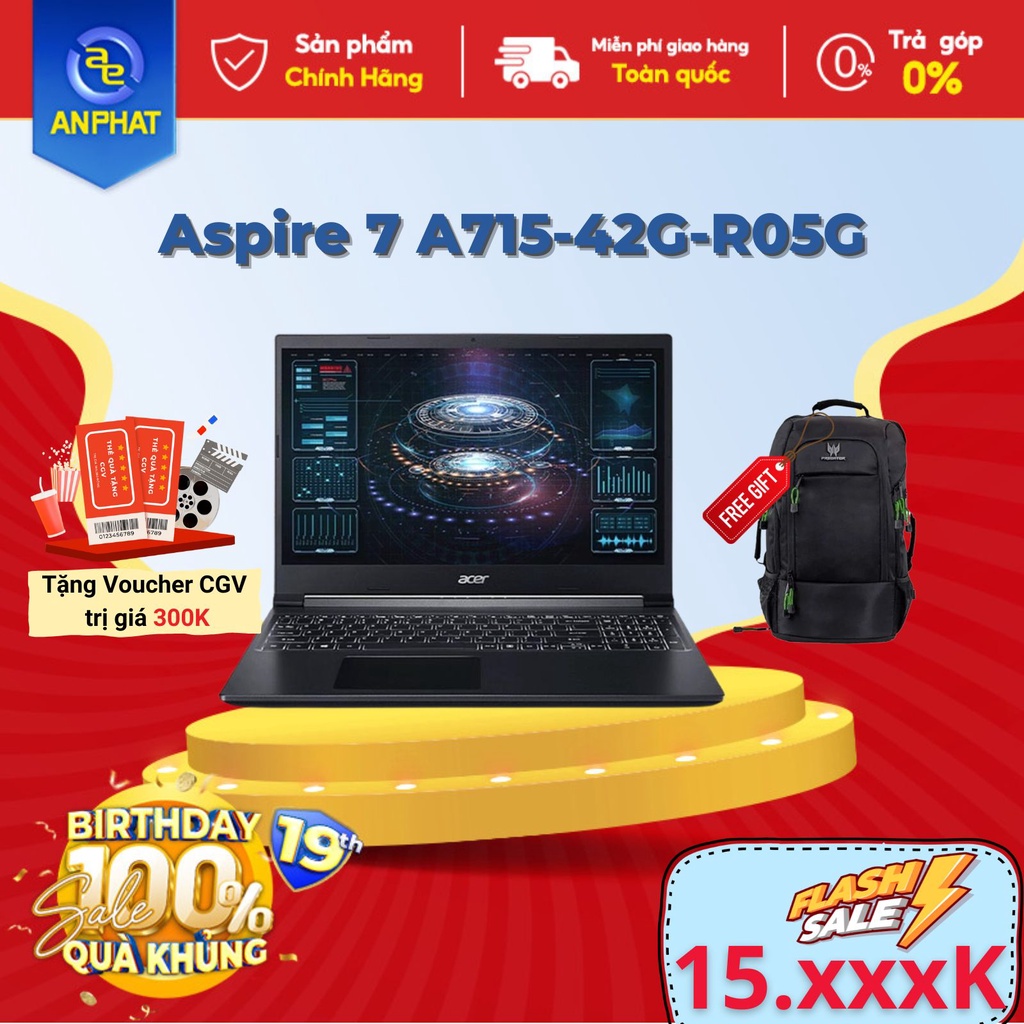 Laptop Acer Aspire 7 A715-42G-R05G/ Đen/ AMD Ryzen 5 5500U/ 1650 4GB/