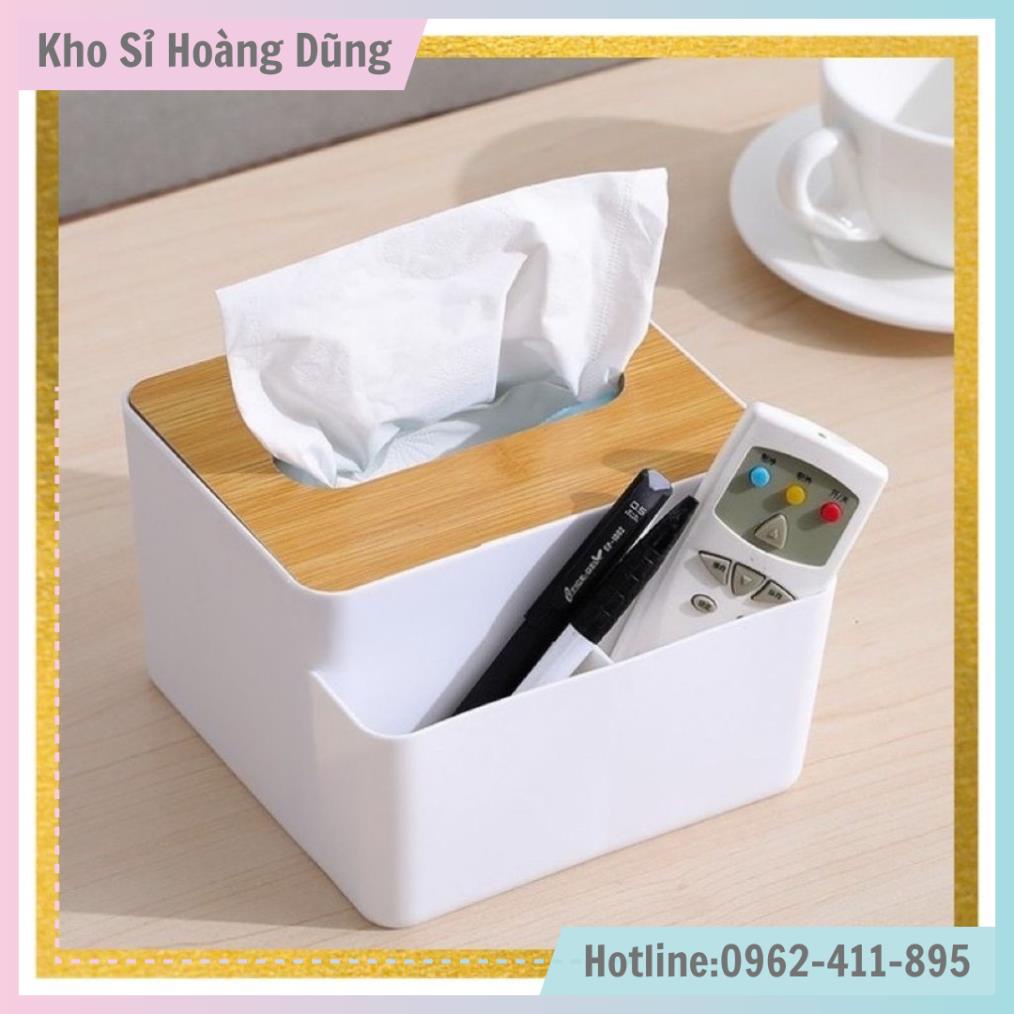 Hộp đựng giấy ăn để bàn đa năng chất liệu nhựa nắp gỗ ,Có rãnh để đồ gọn gàng, sang trọng, tiện lợi