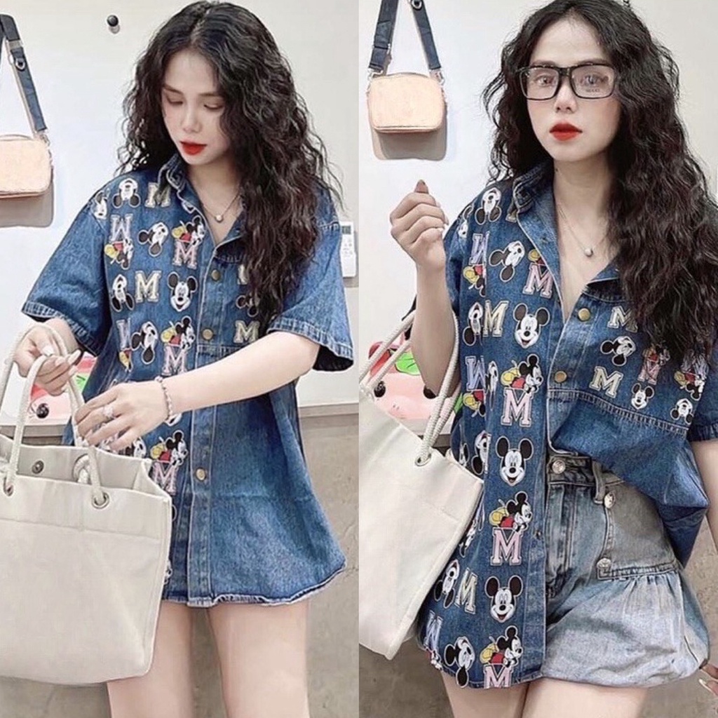 Áo sơ mi giả jean in hình mickey Bigsize Kim Ngân từ 50kg đến 100kg (M/L/XL/XXL)(Áo Sơ Mi)(áo kiểu)