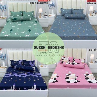 Bộ ga gối trải giường poly cotton m2/m6/m8 drap giường bo chun có kèm 2 vỏ gối,mẫu bò sữa hồng