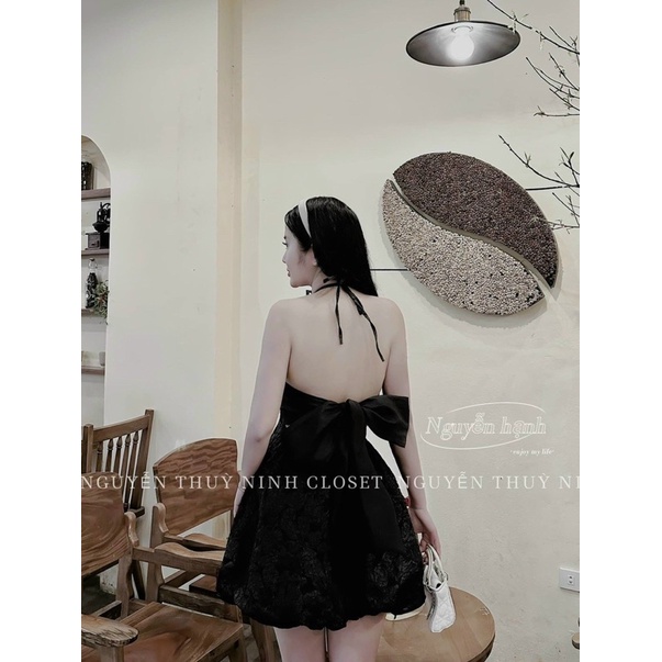 Đầm thời trang nữ mặc đi tiệc chất gấm có mút ngực cổ yếm cột dây cổ váy phồng nơ lưng