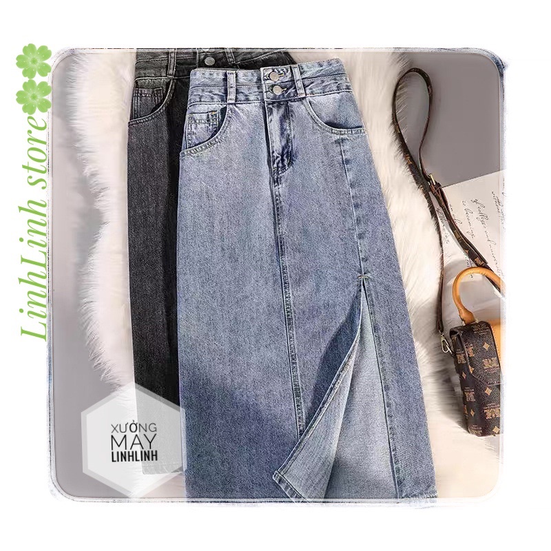 Chân váy bò nữ dáng dài xẻ tà , váy xẻ 2 màu 2 cúc cúc jeans Chữ A Lưng Cao Thời Trang Cho Nữ kèm ảnh thật
