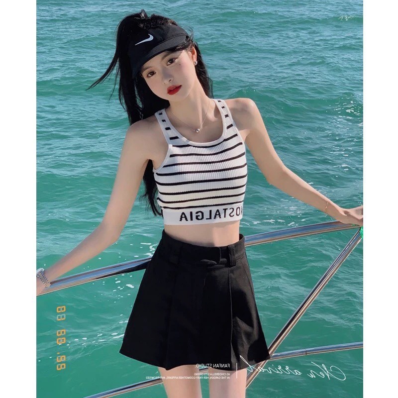 Croptop len ba lỗ 2 dây phối chữ nổi, Áo 3 lỗ Crt kiểu hàn kẻ sọc đen đỏ dễ thương hàng quảng châu