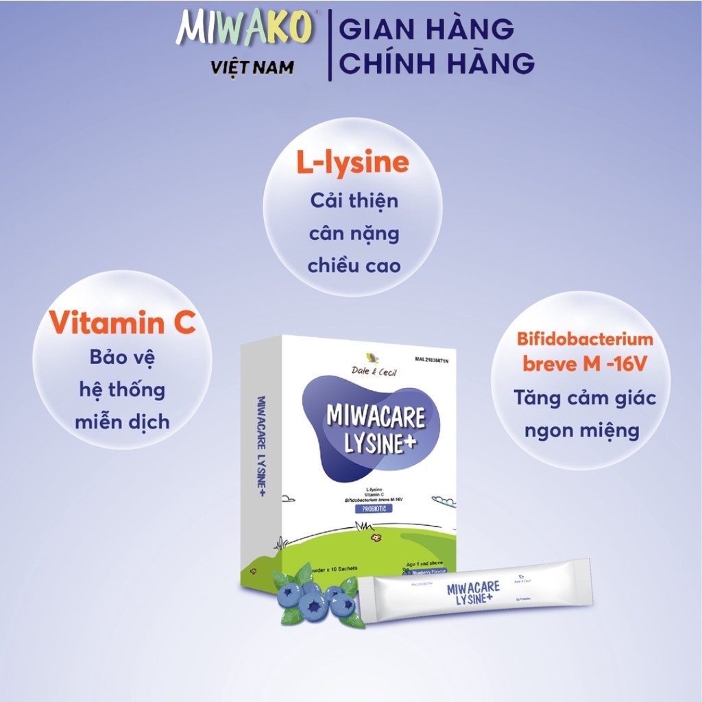 Men Vi Sinh Cho Bé Miwacare Lysine+ Nhập Khẩu Malaysia Hộp 10 gói Vị Việt Quất - Miwako Official Store