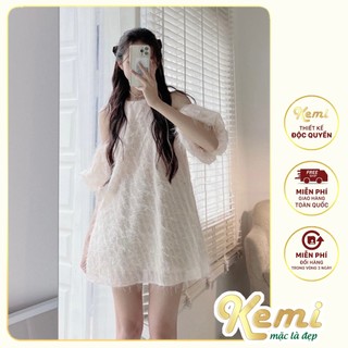 Váy suông cổ yếm 2 lớp tay phồng rớt vai lông siêu mềm mịn có lót không ngứa đầm công chúa Kemi