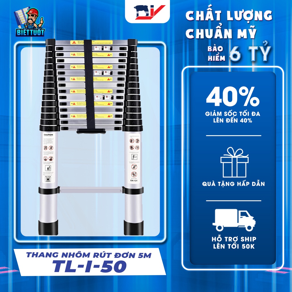  Thang nhôm rút đơn DIY TL-I-50 chiều cao sử dụng tối đa 5.0m, tải trọng 150kg
