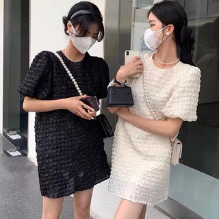 Váy suông ngắn tay cho nữ màu trơn cổ tròn dáng rộng hàn quốc