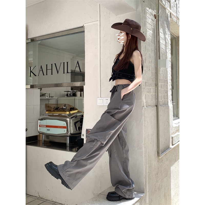 Quần Yếm Lưng Cao Ống Rộng Màu Xám Phong Cách Retro Mỹ Thời Trang Mùa Hè Cho Nữ