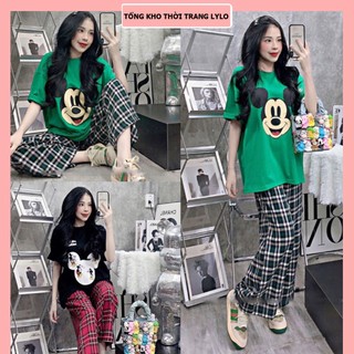 Set Bộ Đồ Nữ Áo Phông Mickey Ngắn Tay Mix Quần Suông Kẻ Ống Rộng Freesize (Ảnh Thật)