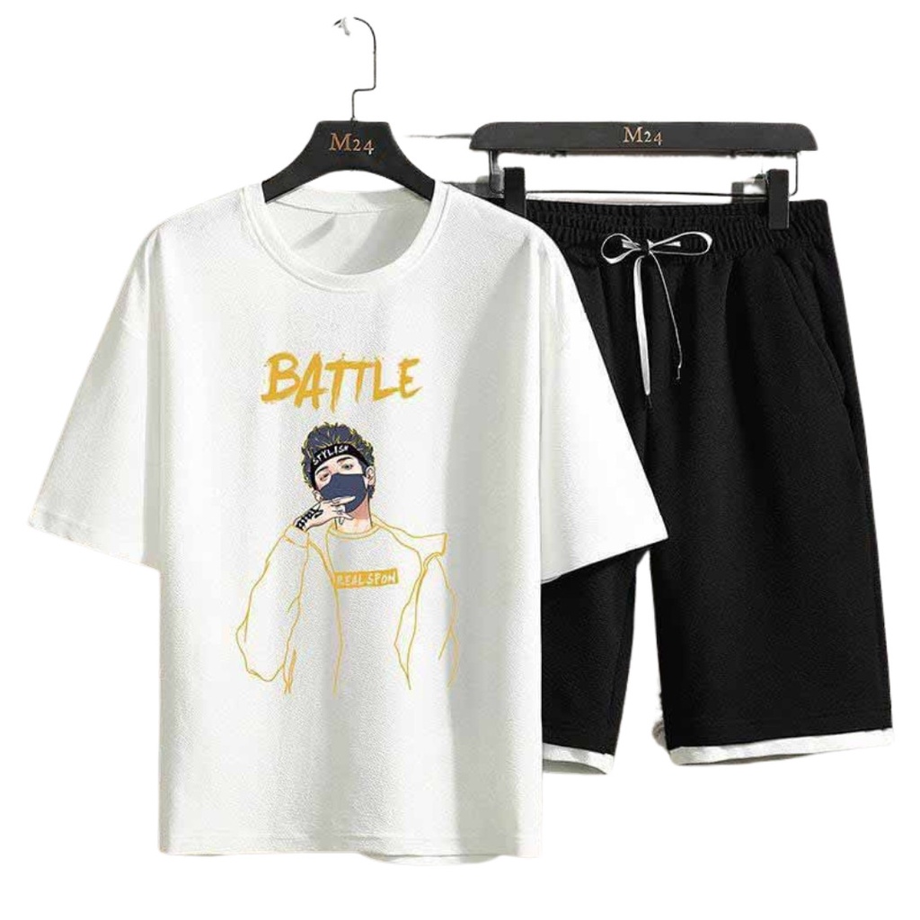 Bộ Đồ Nam Mùa Hè Thể Thao Unisex Quần Short Áo Thun Họa Tiết In Chữ BATTLE Ulzzang thoitrangnamdt