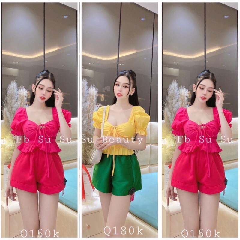 Áo Voan Croptop kiểu xoè nhún lưng nơ rút ngực tay phồng