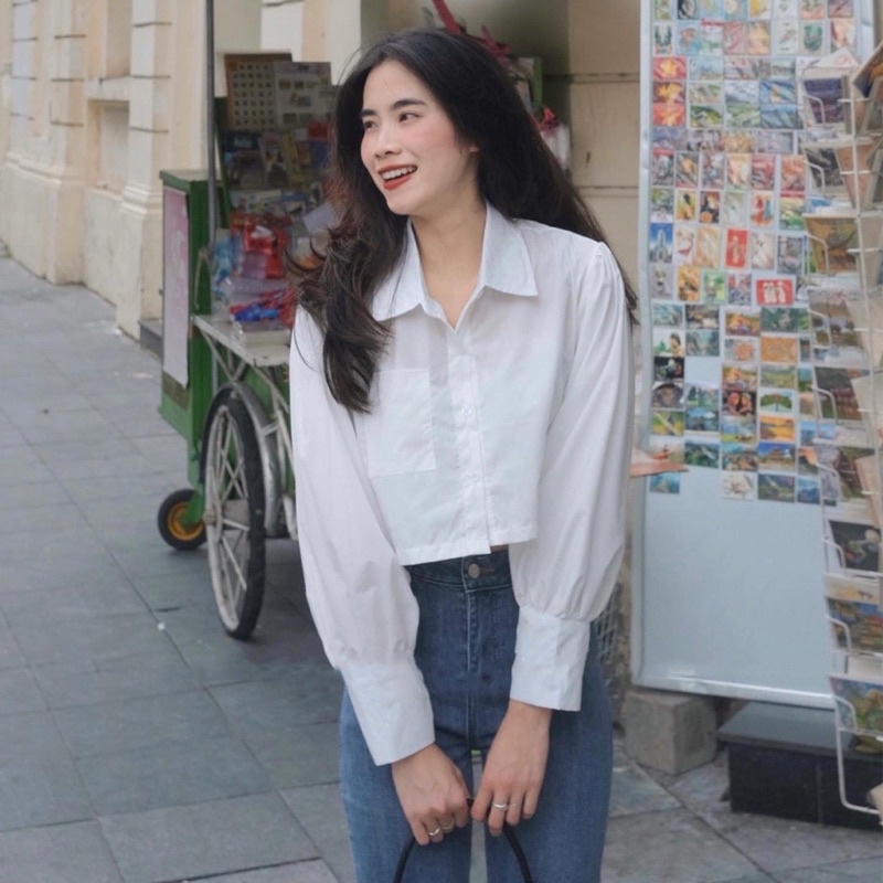 Áo Croptop Sơ Mi Tay Dài 1 Túi