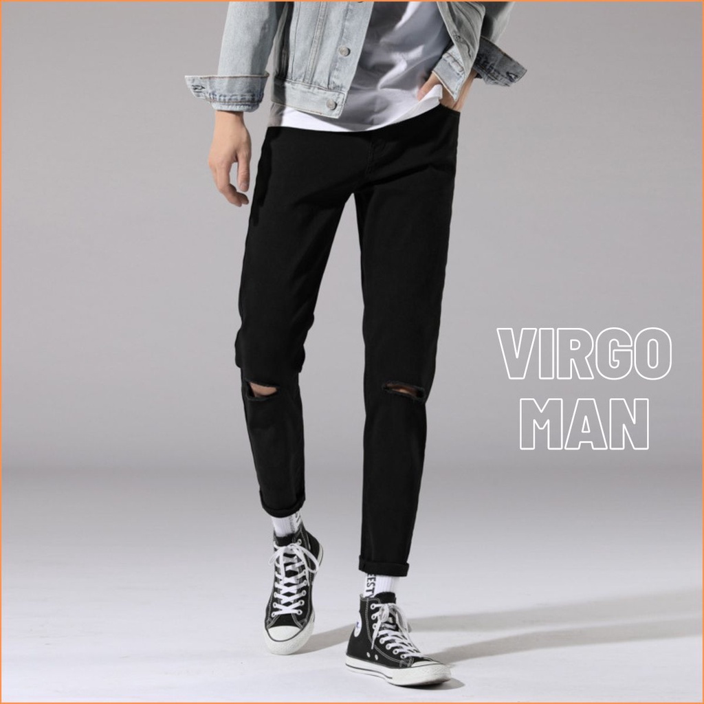 Quần Jean nam rách gối ống côn phong cách thời trang cá tính-VIRGO MAN-Quần bò nam màu đen co dãn cao cấp loại 1