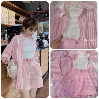 Set 3 món sơ mi kẻ hồng + áo crop trắng + short hồng