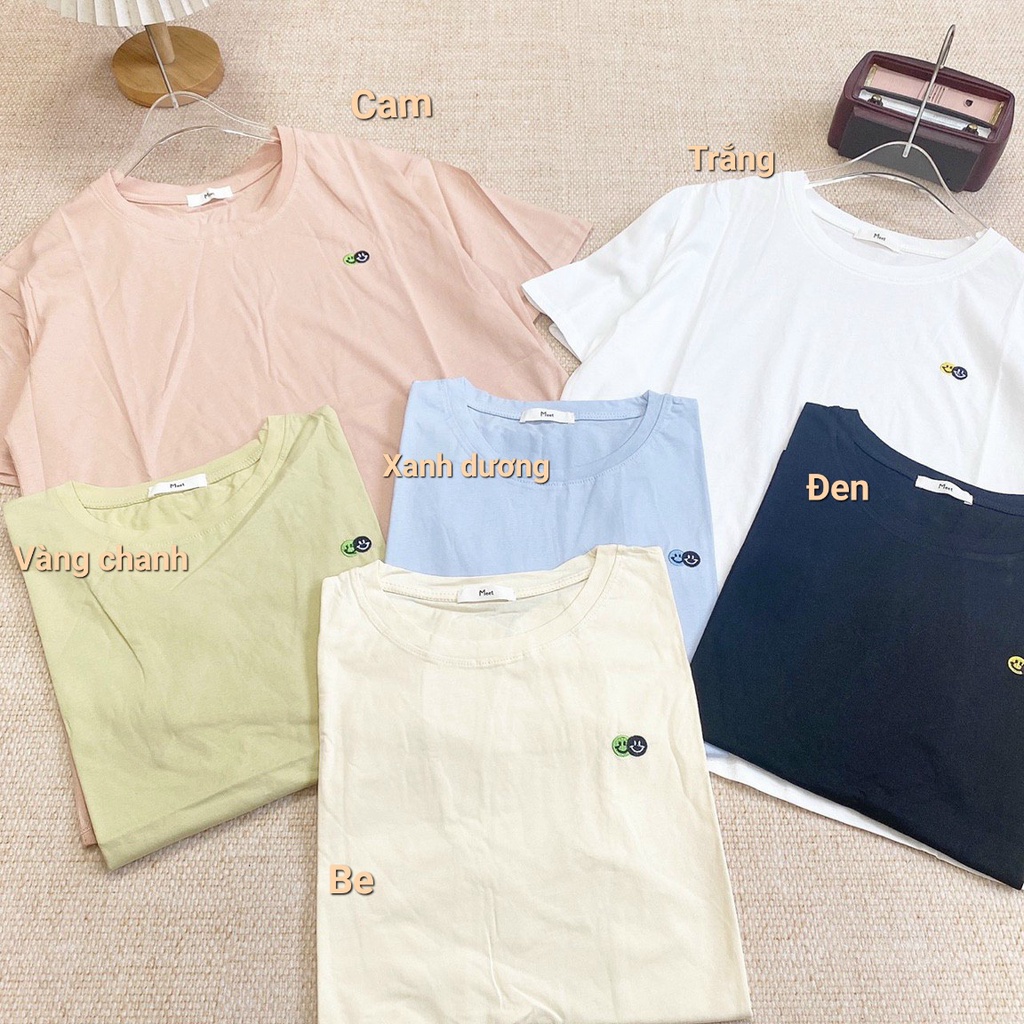 Áo phông nữ cộc tay cổ tròn cotton lạnh thêu mặt cười form vừa phong cách Hàn Quốc bảng màu pastel