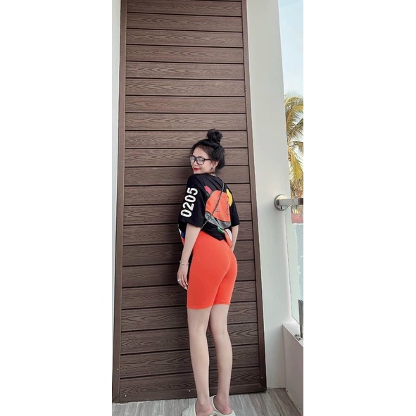 [3.3 Sales Freeship] Set bộ thun ngố đi chơi, set áo thun đen from rộng in hình gấu to phối quần lửng cam dễ thương