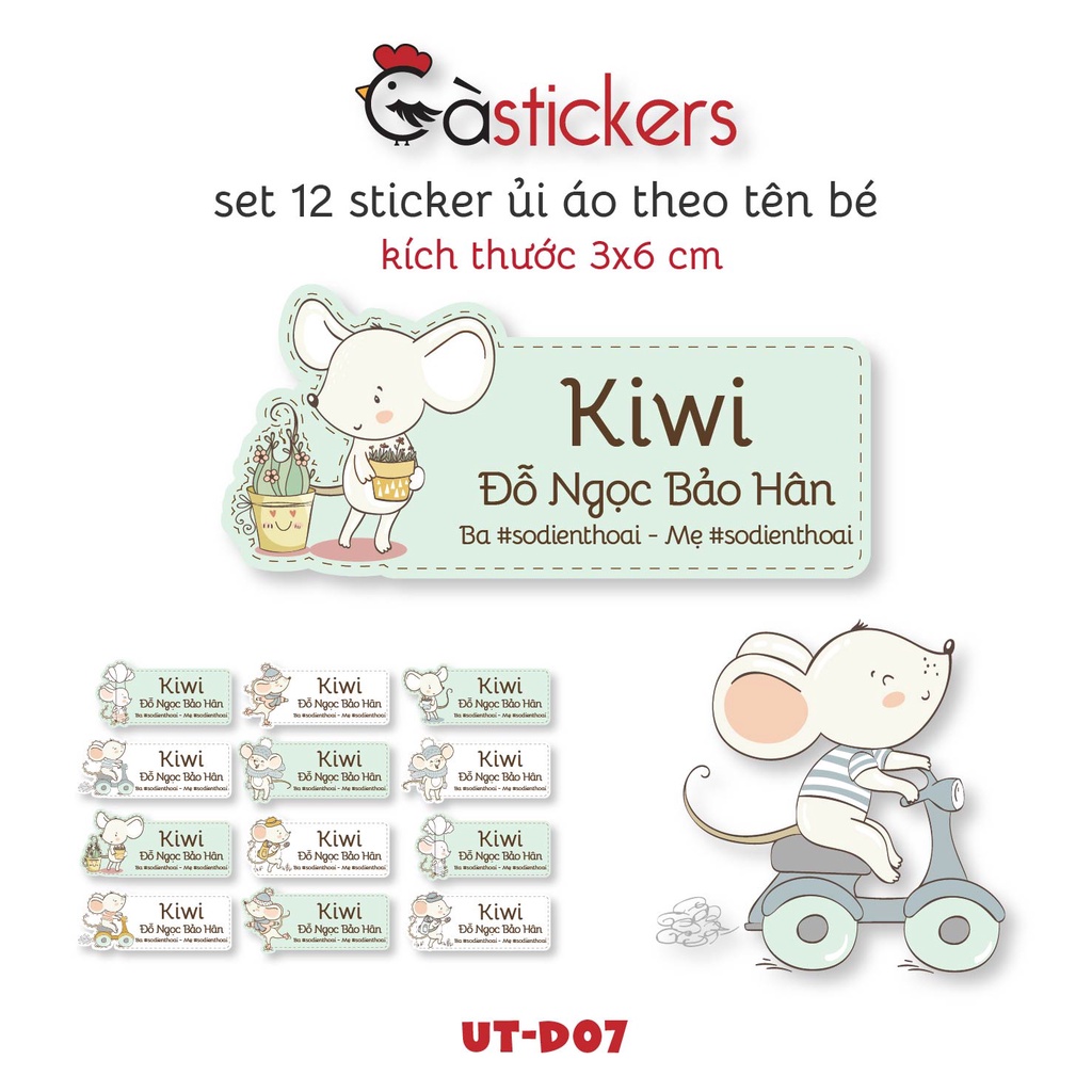 Sticker ủi áo in tên trẻ em GaStickers UT-D07- bộ 12 miếng kích thước 3 x 6 cm
