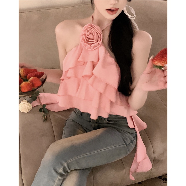 QADCOL Áo Hai Dây Ngắn In Hoa Phong Cách Pháp Thời Trang Cho Nữ