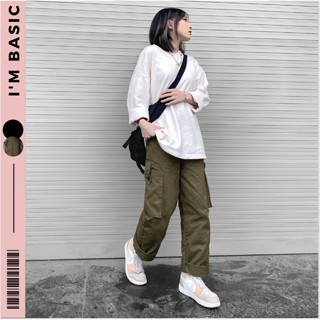 Quần Kaki Cargo Nữ Xanh Rêu Ống Suông Form Rộng Quần Túi Hộp Cạp Chun Ulzzang I'm Basic (QCS01)