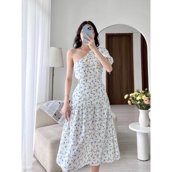 Đầm lệch vai hoa khoét eo