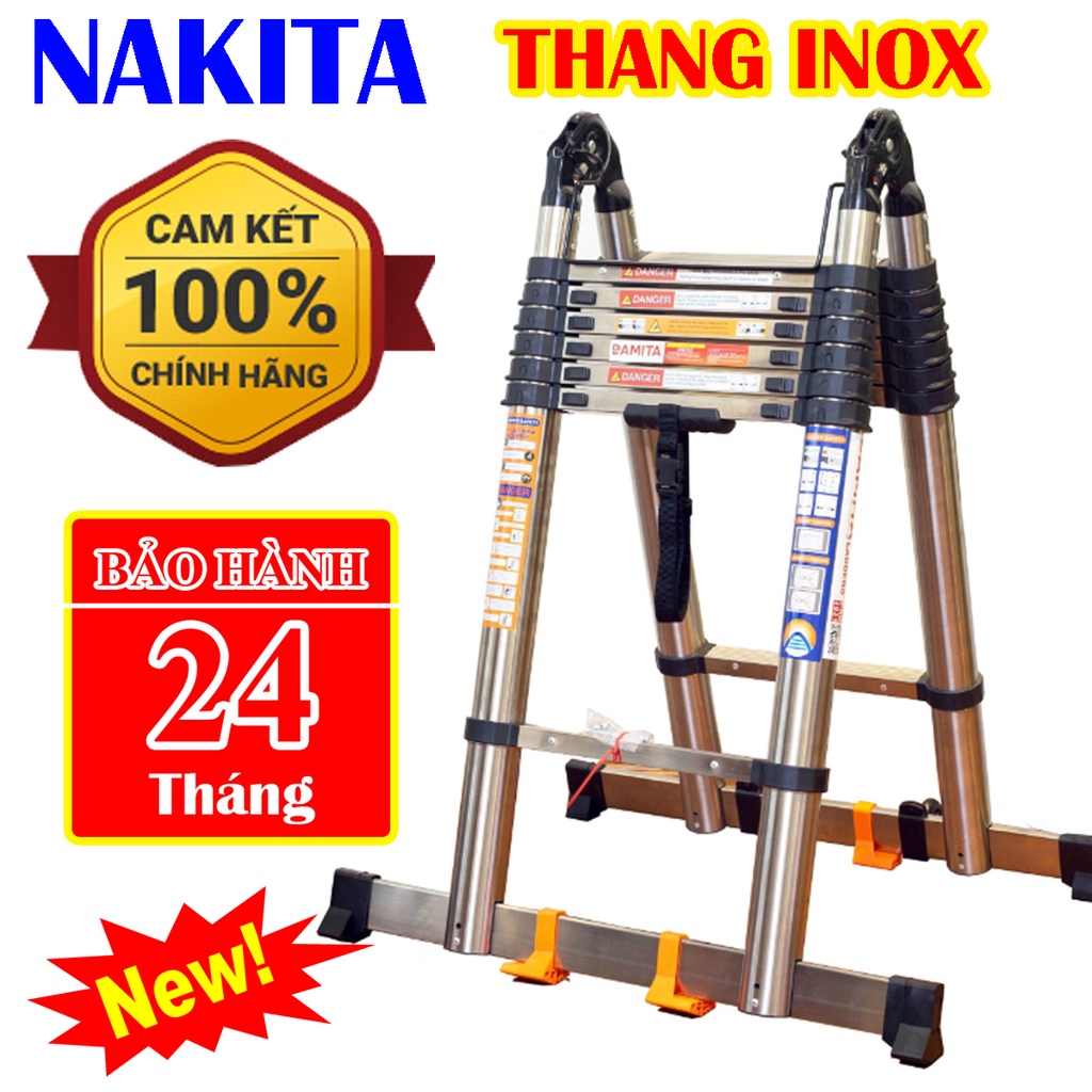 Thang rút xếp gọn INOX NAKITA chiểu cao chữ a 1,6m - 1,9m - 2,2m duỗi thẳng chữ 3,2m - 3,8m - 4,4m