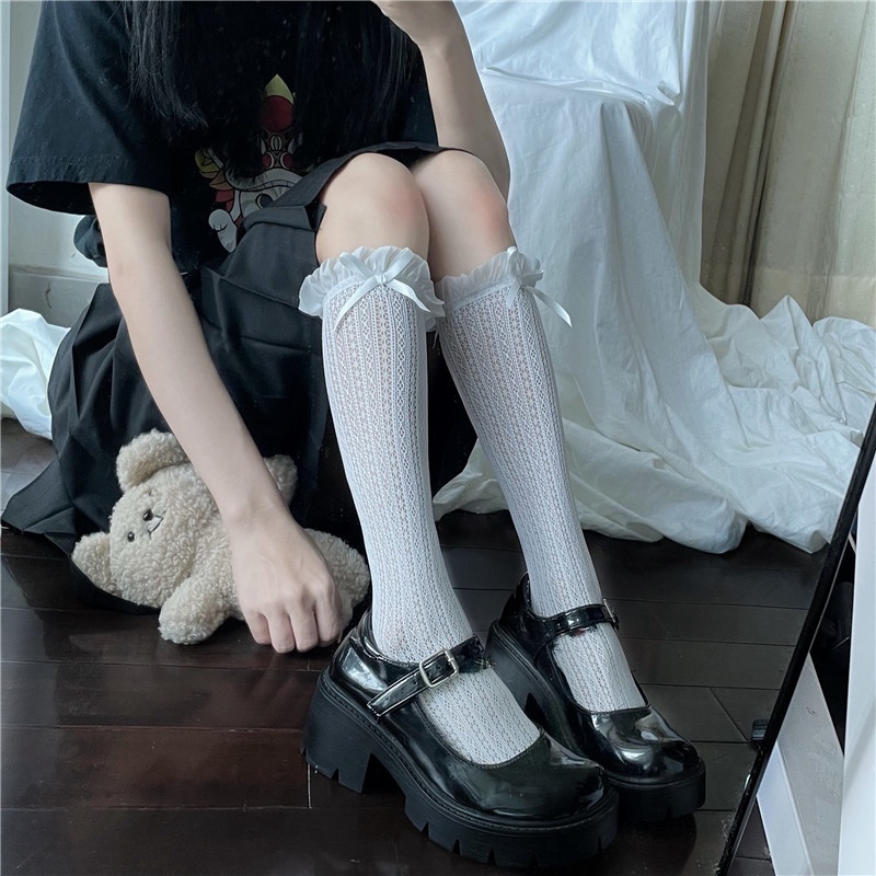 Tất bắp chân đính nơ Lolita đính nơ, Tất lưới JK cosplay Cao Cấp, tất màu trắng phong cách Nhật Bản đáng yêu TG04