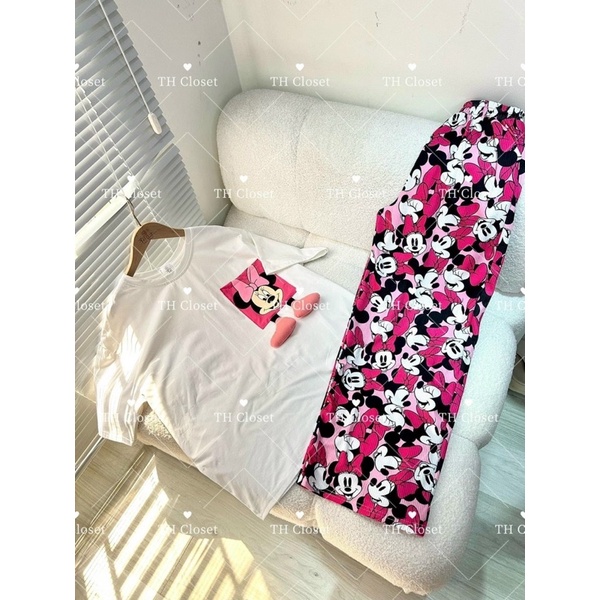 Set Bộ Thun Phông Micky Hồng Nổi Ống Xuông