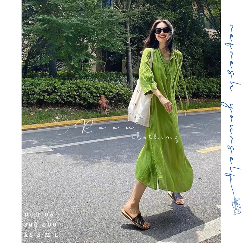 (pre-order) đầm sơ mi dáng dài xanh lá xẻ tà tay lỡ cổ trụ