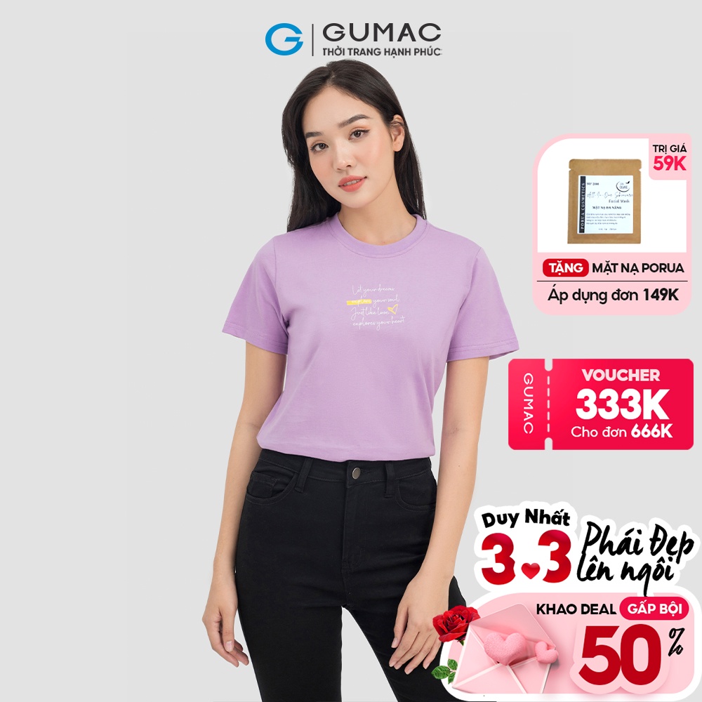 Áo thun nữ GUMAC nhiều màu cổ tròn in chữ năng động ATC07023