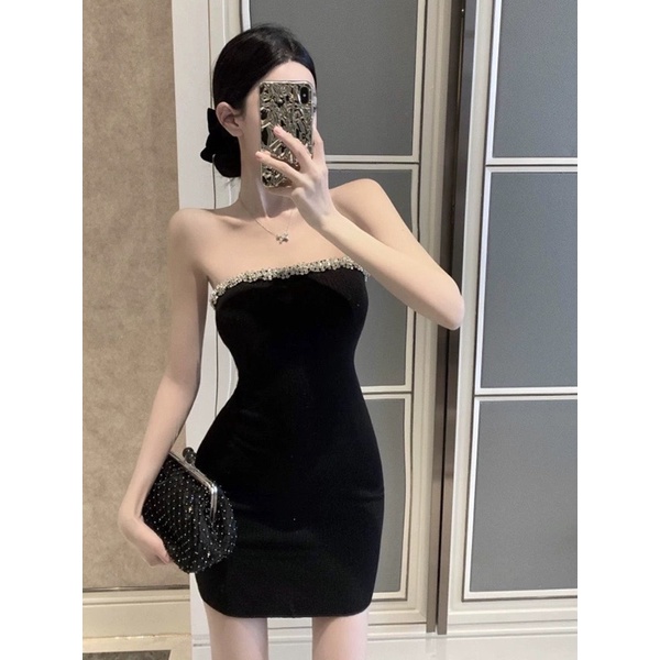 Váy body dự tiệc đính ngực chất len xẻ Đầm Ống Màu Đen Đính Đá Lấp Lánh Cao Cấp Đầm dáng ôm cúp ngực midi ulzzang sexy