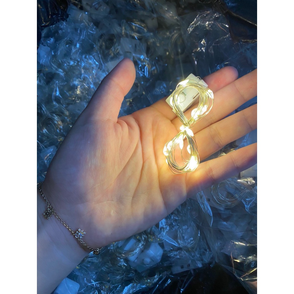 Dây Đèn led  fairylight đom đóm trang trí dùng pin nháy 3 chế độ dài 1m, 2m màu vàng ấm