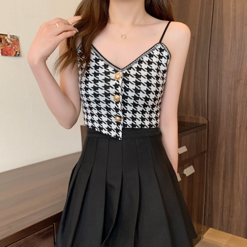 LANJIEXI Áo kiểu hai dây dệt kim dáng ngắn cài nút thời trang