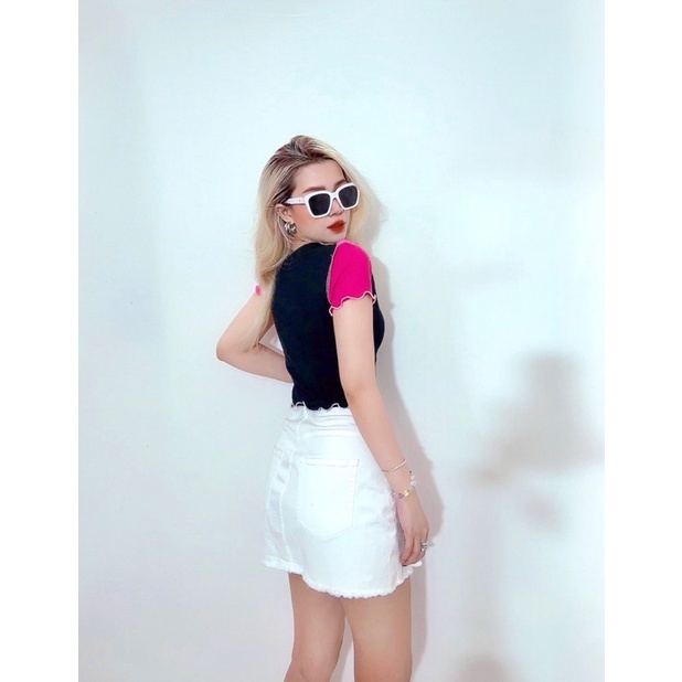 Áo croptop ôm thun bo gân xoăn lai, phối màu qua lại, 4 màu