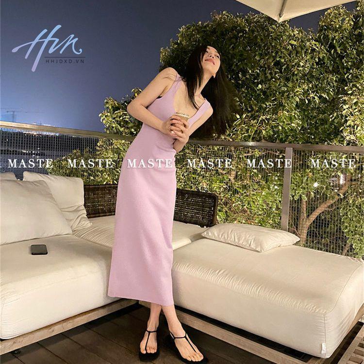 Đầm Hai Dây Dệt Kim Dáng Dài Màu Trơn Phong Cách Hong Kong Thời Trang Mùa Hè 2022 Cho Nữ