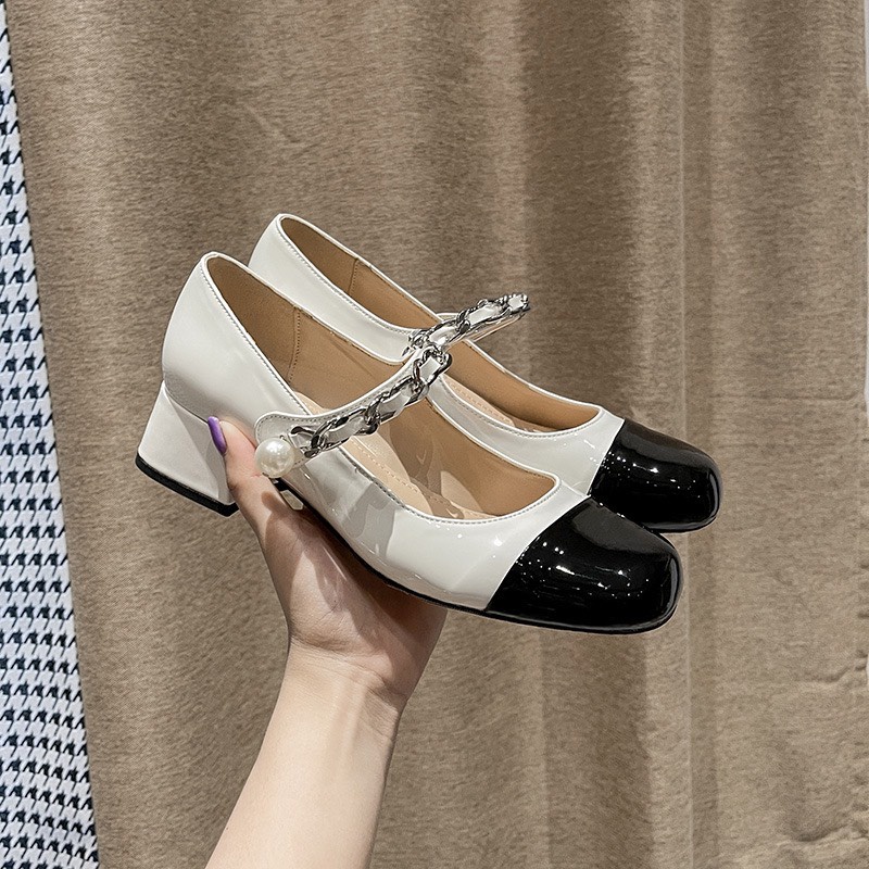 Giày cao gót da bóng quai ngang xích ngọc 7cm thời trang cực xinh