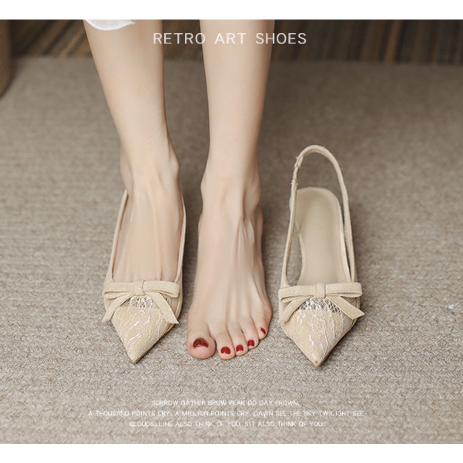 Giày hở gót nữ 5p mũi nhọn da vân mềm charm nơ bít mũi thời trang công sở đẹp -Dazzling Shoes DA788