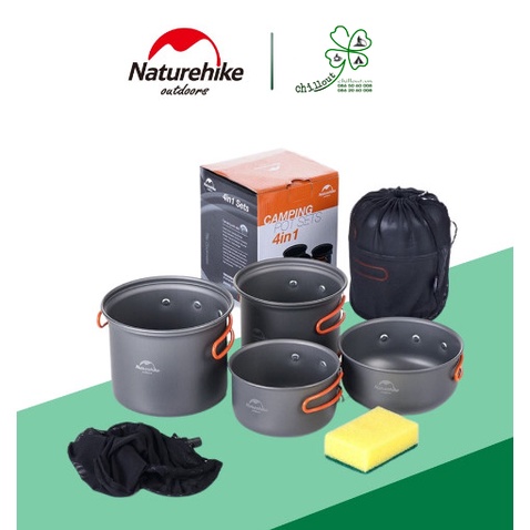 BỘ NỒI NATUREHIKE 4 MÓN NẤU ĂN BẾP CẮM TRẠI DÃ NGOẠI, NH18T018-G. Outdoor Camping Cookware
