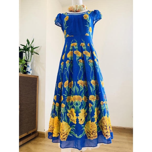 Váy si Nhật xanh phối hoa vàng vintage cổ điển và ren sang trọng