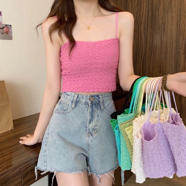 Áo 2 dây - áo Bra Hai Dây Nữ Xốp Nhún Dáng Lửng croptop nội y xanh - chất mát - màu xanh, hồng,vàng, đen, trắng