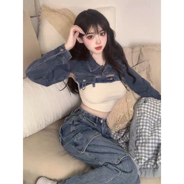 Set áo croptop jean + áo ống phối jean chất chơi