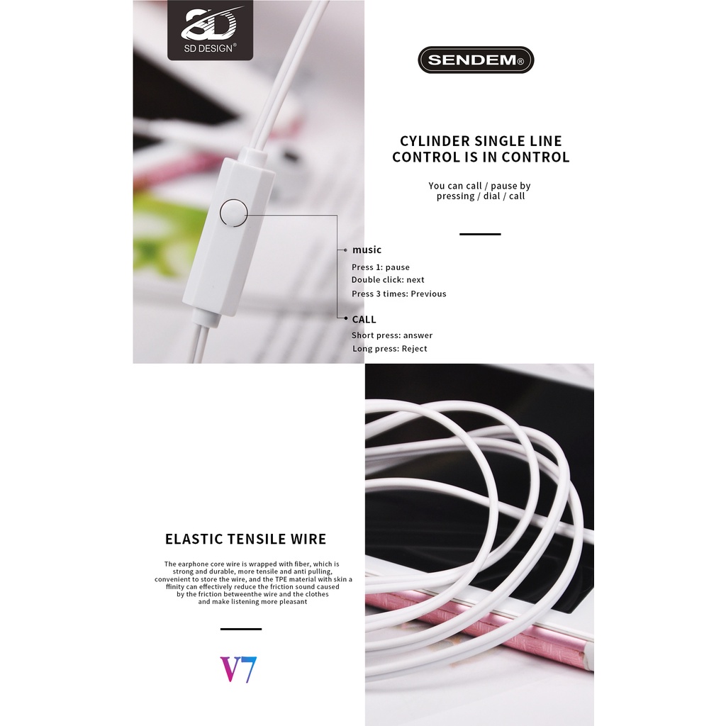 Tai nghe nhét tai SD - V7 nghe hay có mic đàm thoại, dây dài 1.2m, Jack cắm 3.5mm