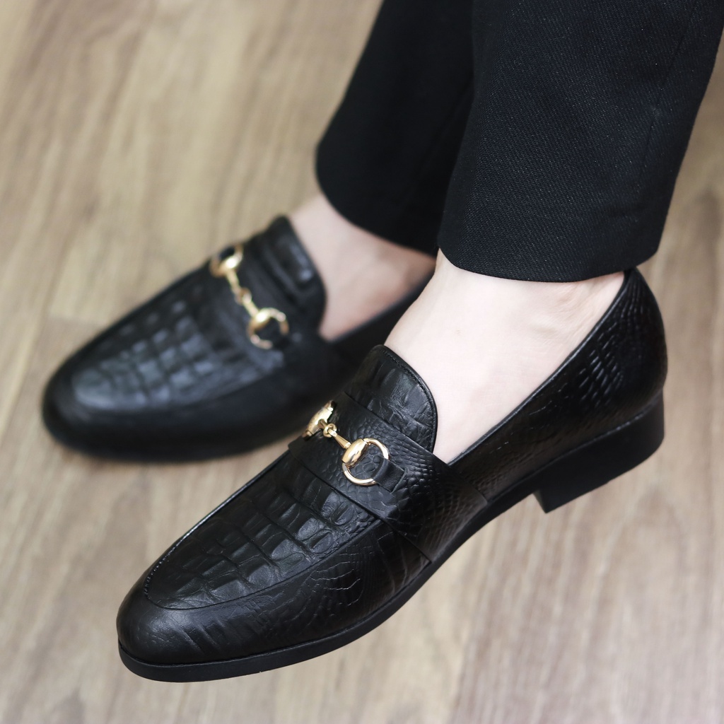 Giày lười nam da lì, giày nam công sở mặt dập vân 3D đế khâu chắc chắn mã L180