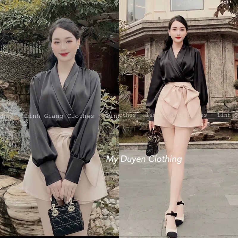 Set váy nơ đan vạt áo lụa sang chảnh tiểu thư
