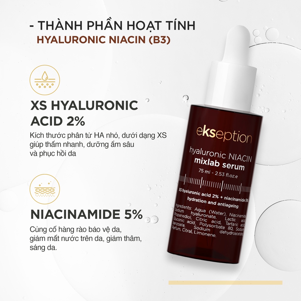 Serum HA + 5% B3 sáng da, mờ thâm mụn Ekseption Hyaluronic Niacin 75ml