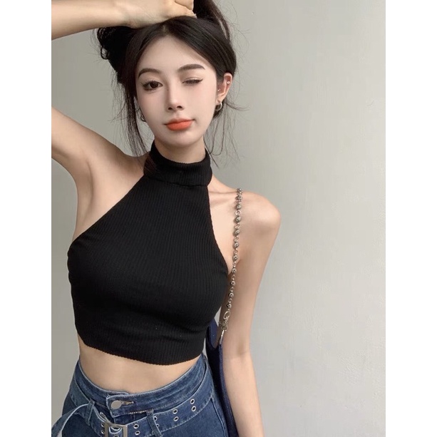 Áo kiểu thun croptop cổ lọ hở lưng thời trang cho nữ