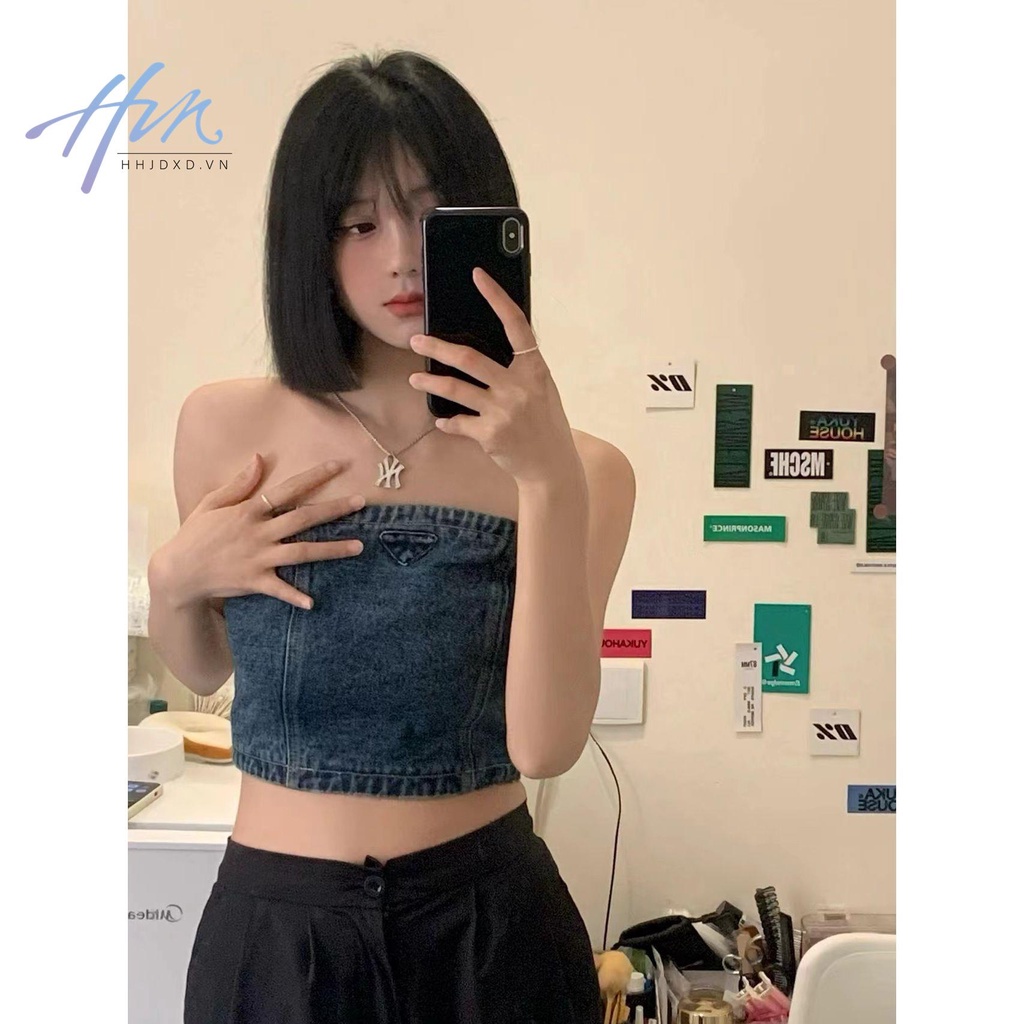 Áo Ống Denim Mùa Hè 2022 Dáng Ôm Ngắn Hở Rốn Dễ Phối Đồ Phong Cách Mới Cho Nữ