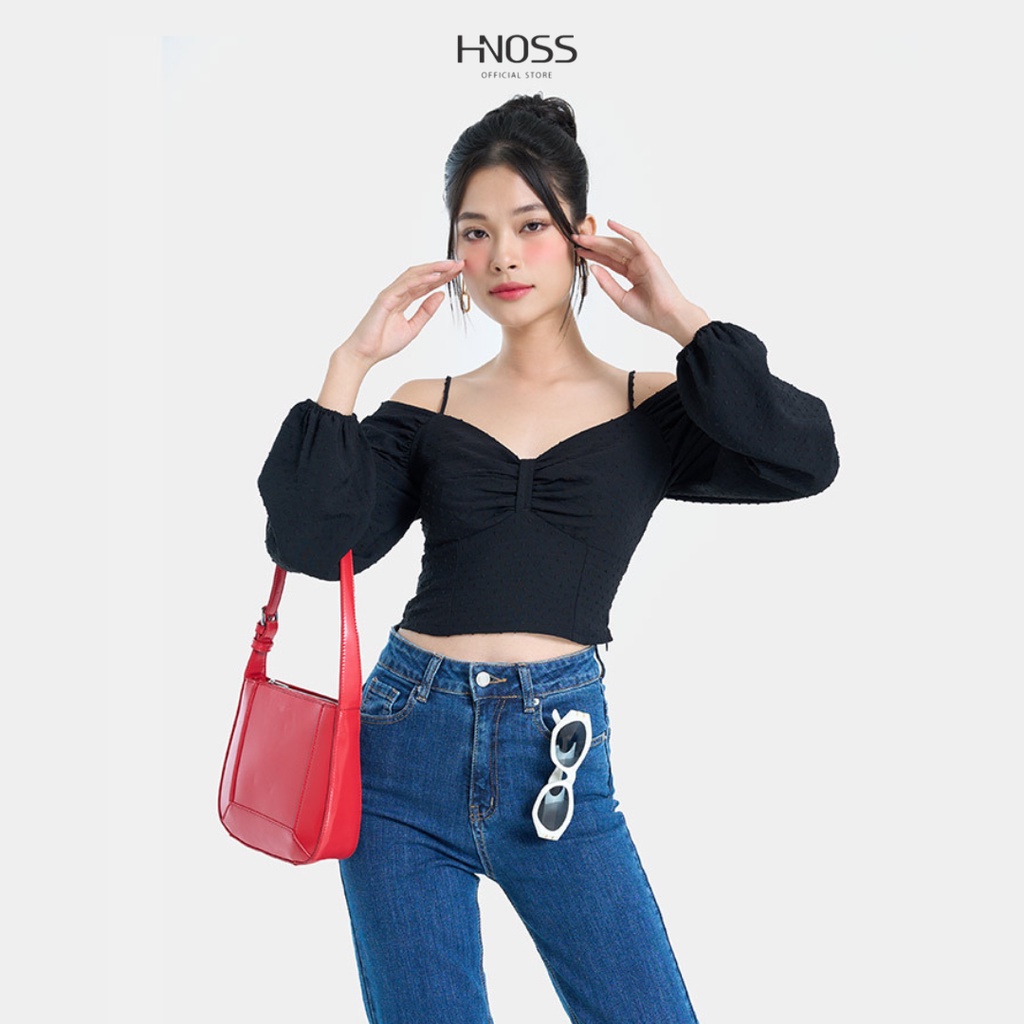 Áo Kiểu Nữ Thời Trang HNOSS Crop Top Bẹt Vai Tay Phồng HNAKI072