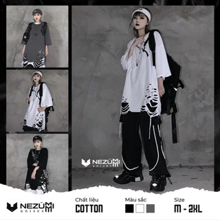   Sẵn đen trắng  Áo thun tay lỡ rách gấu nhiều tạo layer hiphop đường phố - Áo phông unisex nam nữ 