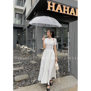 Váy maxi khoét vai cộc tay Hamy màu trắng đen nâu be